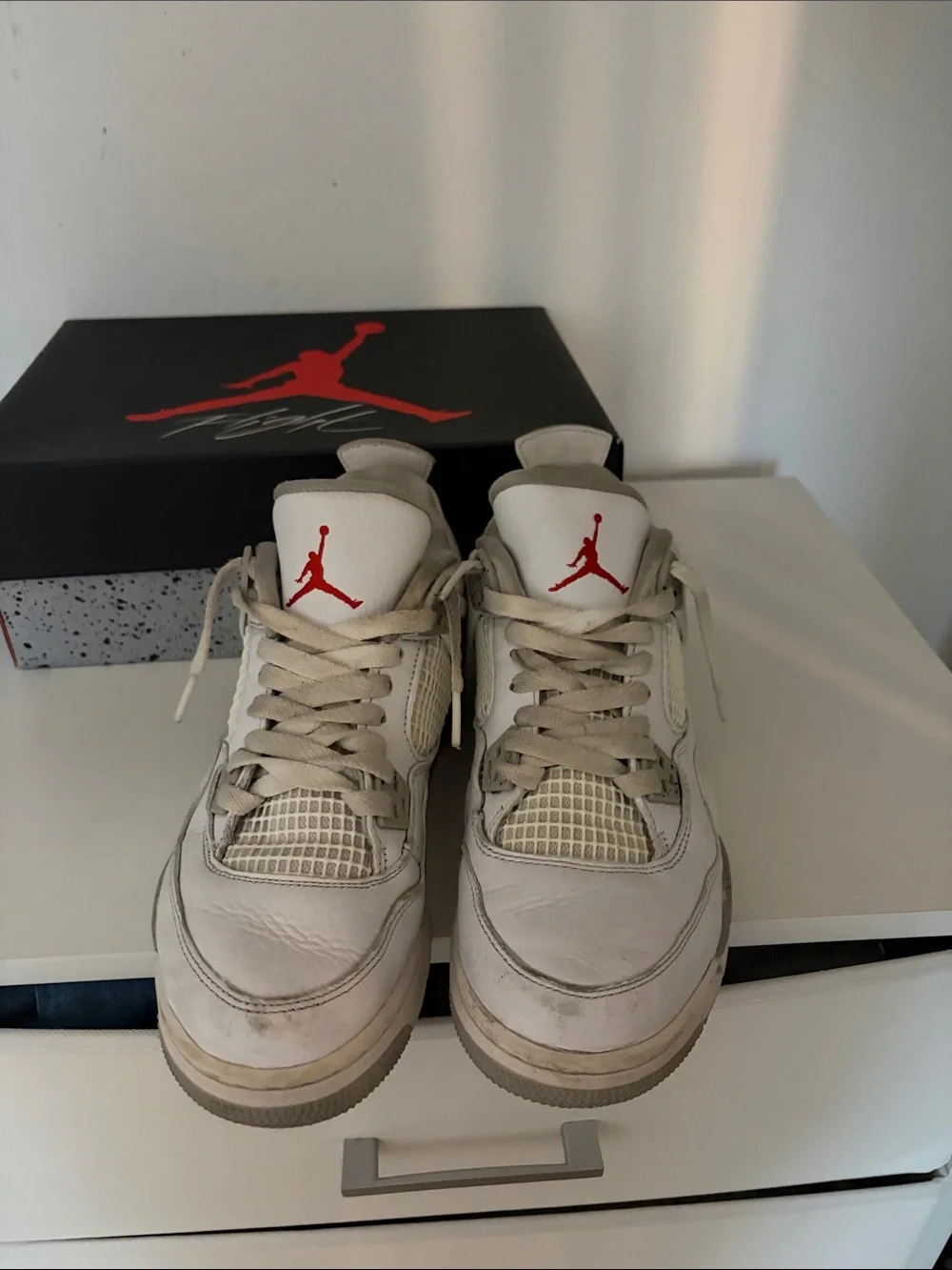 Jordan White and Gray Retro Basketball Sneakers with Red Jumpman